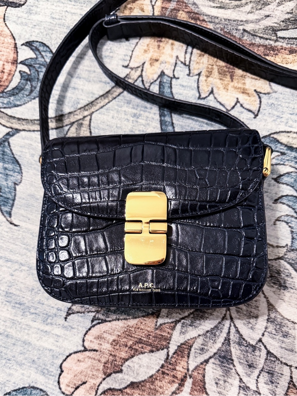 New! A.P.C. Paris Navy Croc-Embossed Leather Grace bag